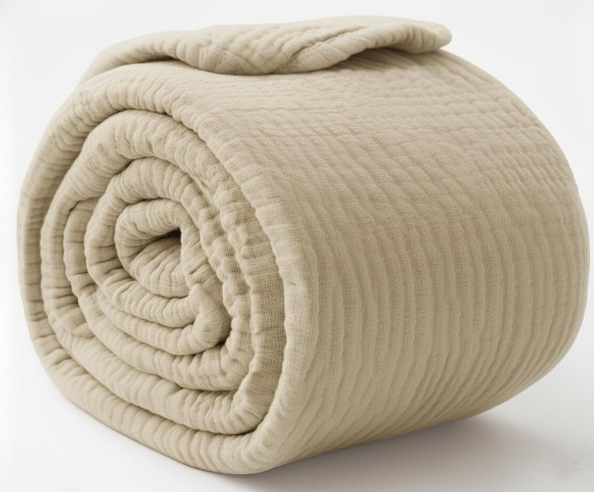 KyraHome 100% Organic Cotton Muslin Throw Blanket, 50"x60", Oatmeal Khaki