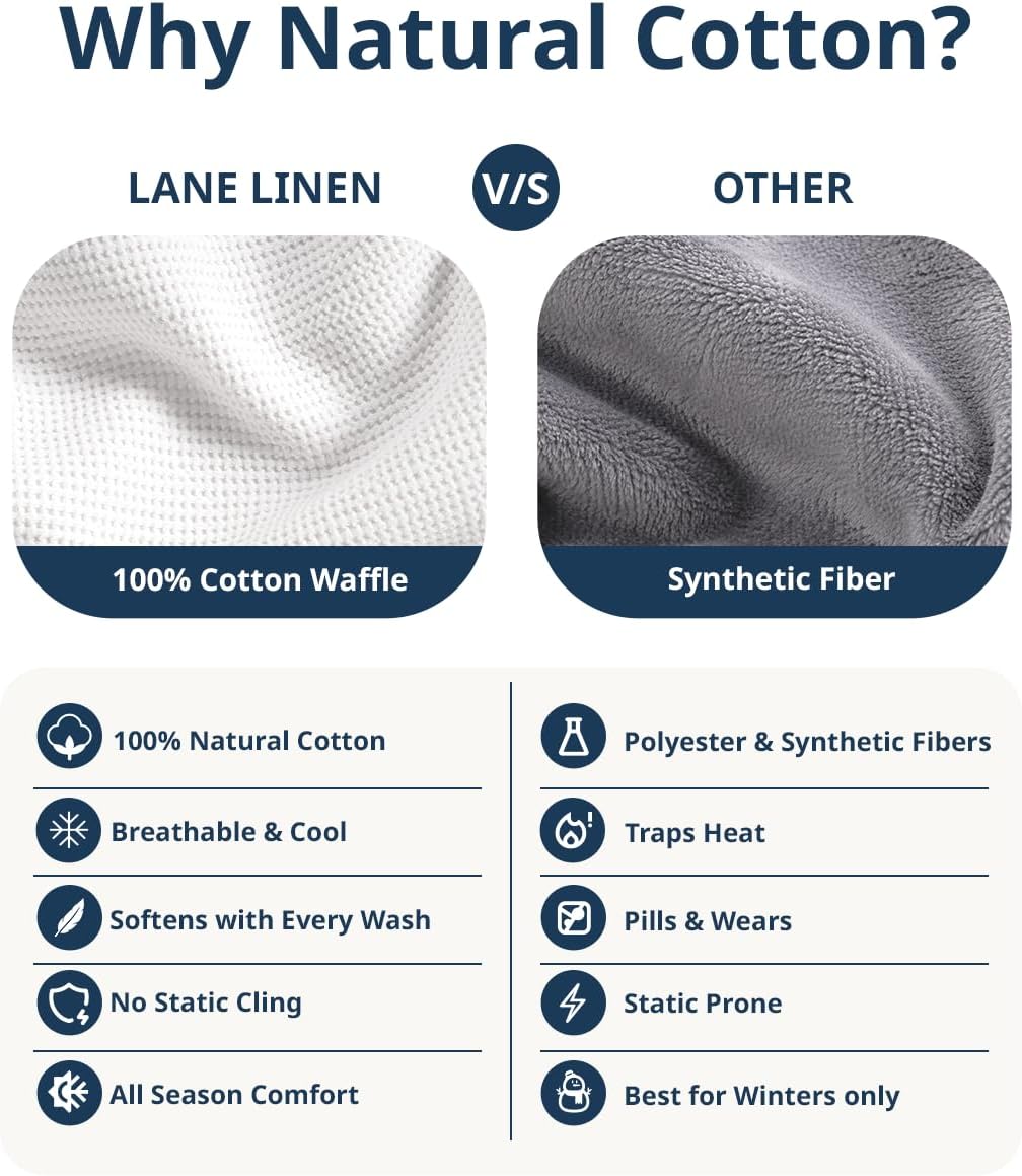 LANE LINEN Blankets Queen Size, 100% Cotton 300 GSM Waffle Textured - White