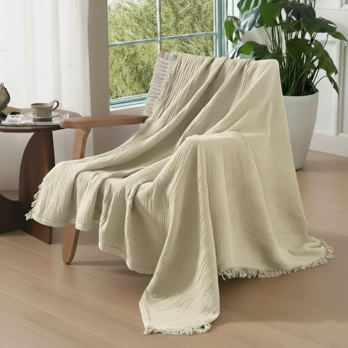 KyraHome 100% Organic Cotton Muslin Throw Blanket, 50"x60", Oatmeal Khaki