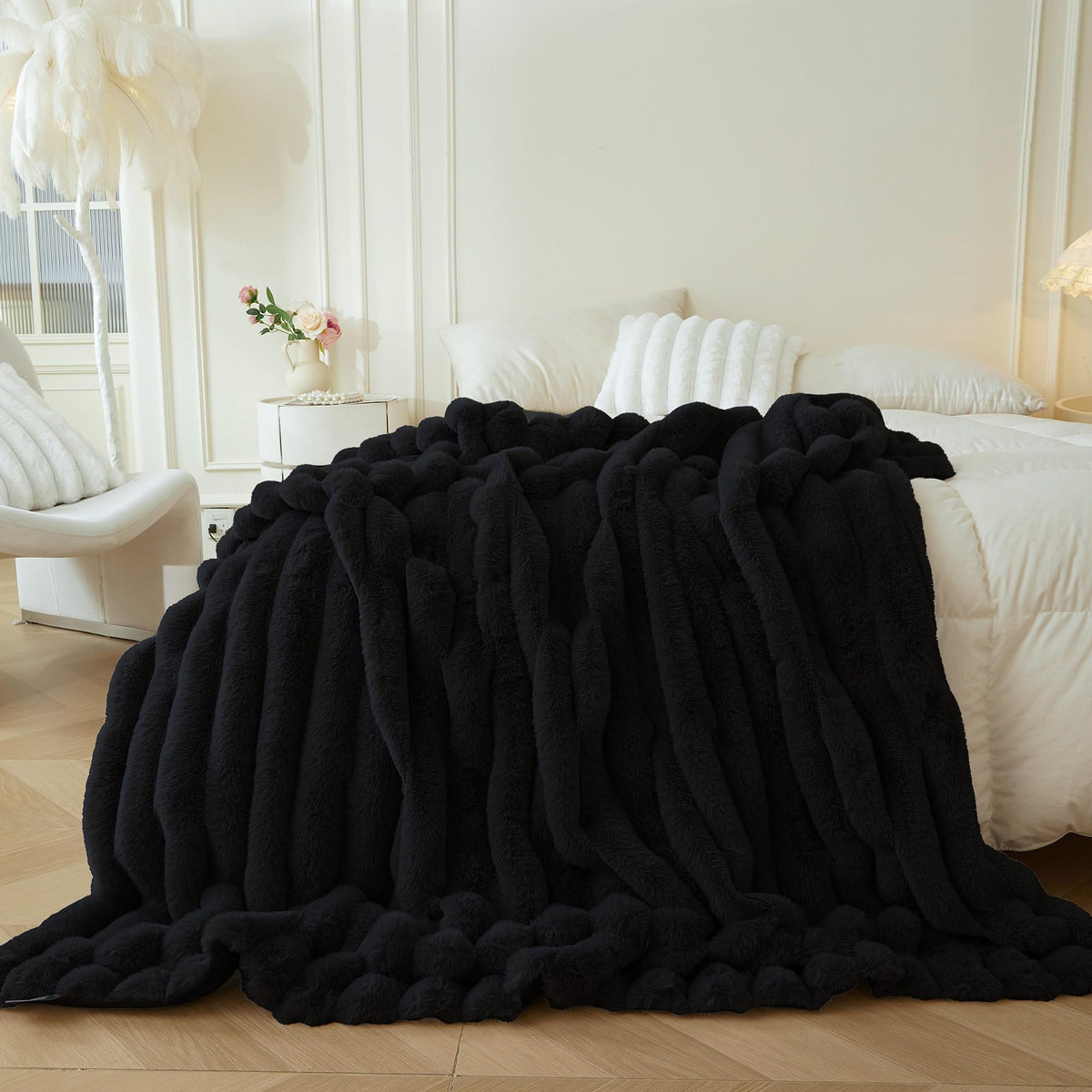 MEGO Fluffy Faux Rabbit Fur Ribbed Throw Blanket 50"x60", Rainbow