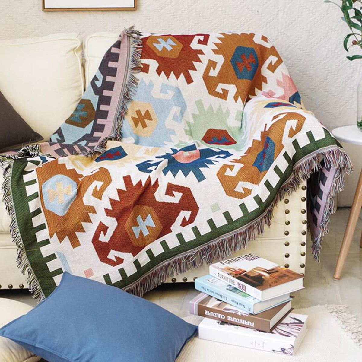 Luxlovery Aztec Sofa Throw Blankets Blue Ethnic Woven Boho Dusty Blue Color Bohemian Woven Throw Blanket for Couch Aztec Bed Throws Oversized Chair Sofa Cover with Tassels(63"x102")