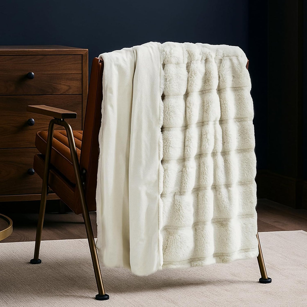 Cozy Bliss Deluxe Sheared Rabbit Faux Fur Throw Blanket, Soft Fuzzy High-Low Sculpted Plush Blanket for Couch, Cozy Home Accent, All Season Use, Beige 50"x60"