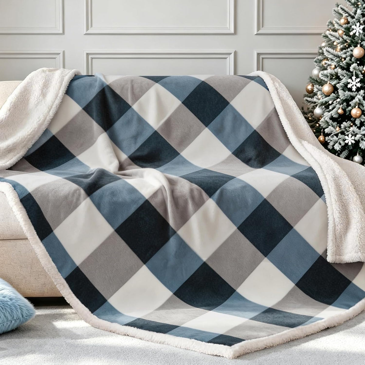 PU MEI Sherpa Fleece Throw Blanket 60" x 80" Reversible Plush Fluffy Large Big Blanket Lattice Flannel Blankets for Sofa Couch Bed (Grey-Soft Blue, 60"*80")