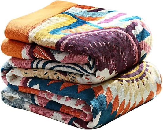 Boho Throw Blanket for Bed 100% Cotton Bohemian Blankets Ultra Soft Woven Muslin Decorative Blankets All Seasons Vintage Quilt Knitted Blanket for Sofa Chair (Colorful, 50"x60")