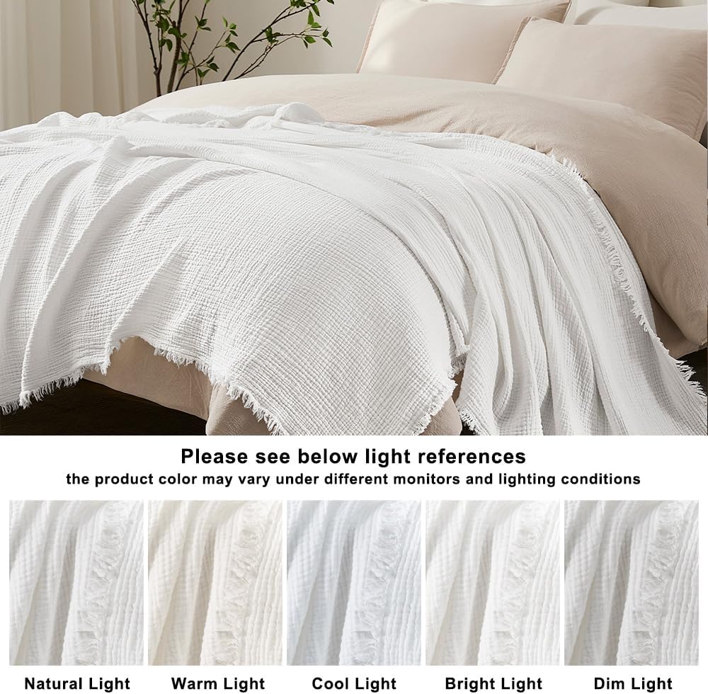 WDCOZY 100% Cotton Muslin Blanket King Size 4-Layer for Bed Breathable Lightweight Soft Large Boho Farmhouse Linen Tassels Ruffle Gauze Blankets All Season for Adults 108x90 Inches White