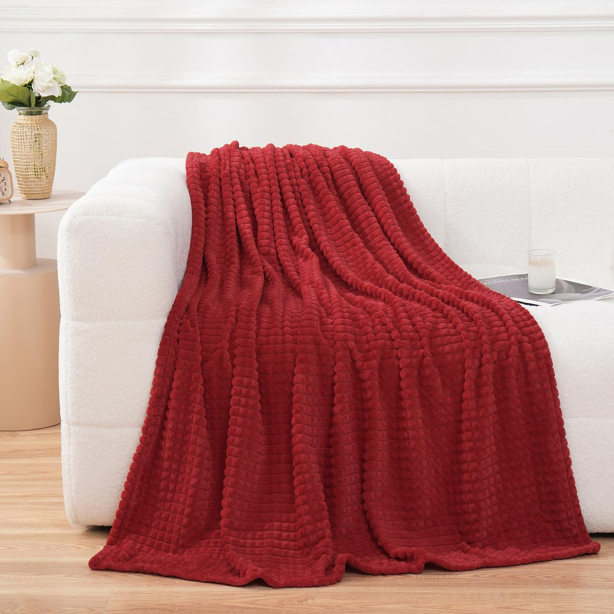 Puncuntex Fleece Throw Blanket Dark Green 50"×60" with Square Grid Design