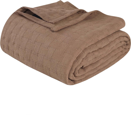Superior Basketweave Cotton Blanket, Basket Weave Design, Soft, Comfy Cover for Bed, Bedding, Bedroom, Couch Throw, Lounging, Modern Boho Medium Weighted Blankets, Twin Size, Taupe