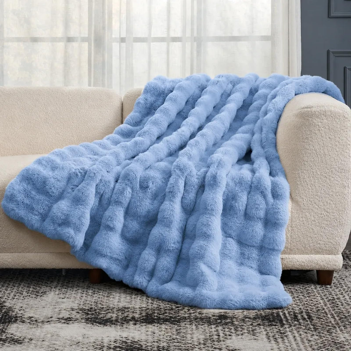 Cozy Bliss Faux Fur Throw Blanket for Couch, Fuzzy Soft Plush Thick Bubble Blanket for Sofa Bedroom Living Room, 50 * 60 Inches Tie-dye Taupe