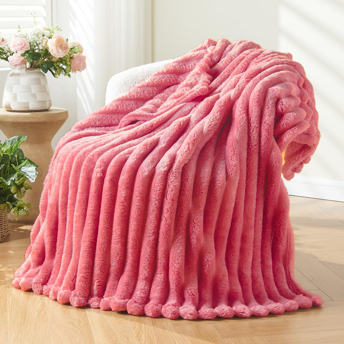 NEWCOSPLAY Fleece Ribbed Cozy Throw Blanket for Couch, Pink, 50"x60"