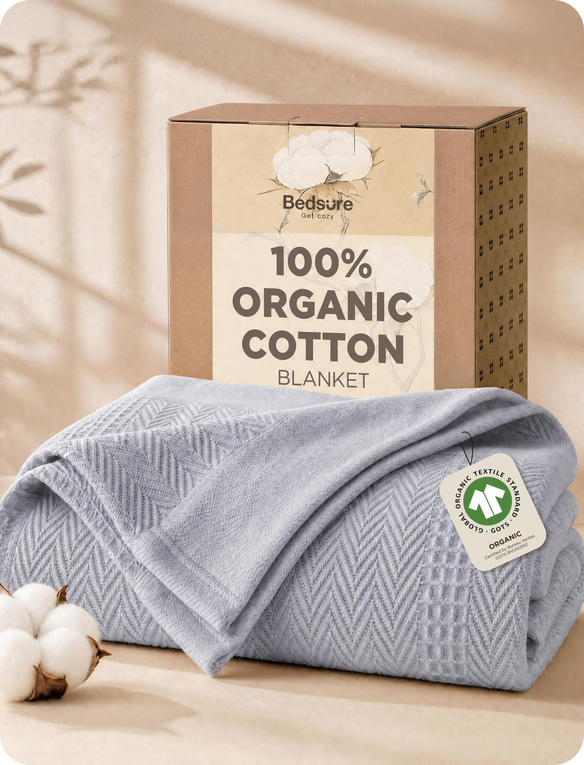 Bedsure PureWoven 100% Organic Cotton Waffle Luxury Blanket, King, White