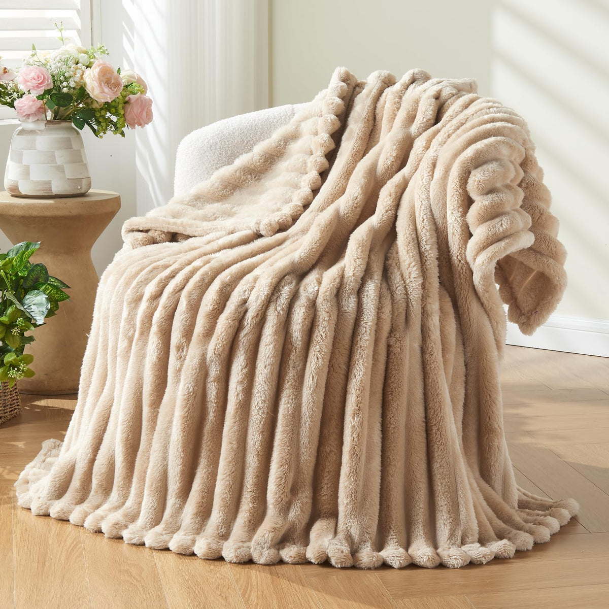 NEWCOSPLAY Fleece Ribbed Cozy Throw Blanket for Couch, Pink, 50"x60"