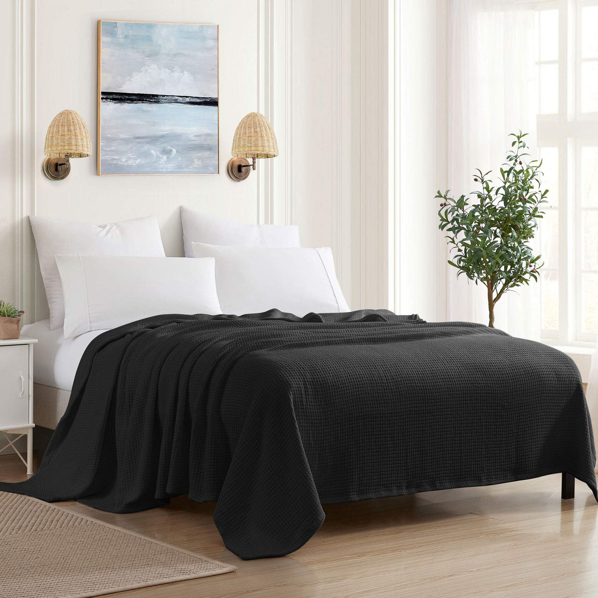 Sweet Home Collection 100% Fine Cotton Luxurious Basket Weave Blanket, Ivory Full/Queen(Pack of 1)