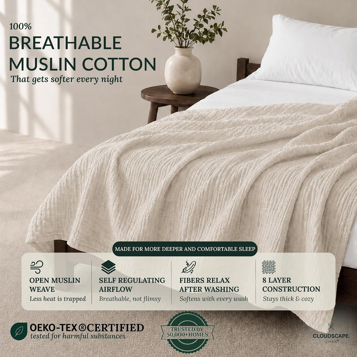 CLOUDSCAPE 8 Layer Muslin Blanket Queen Size, Gauze, Cotton 92"x92" - Ivory