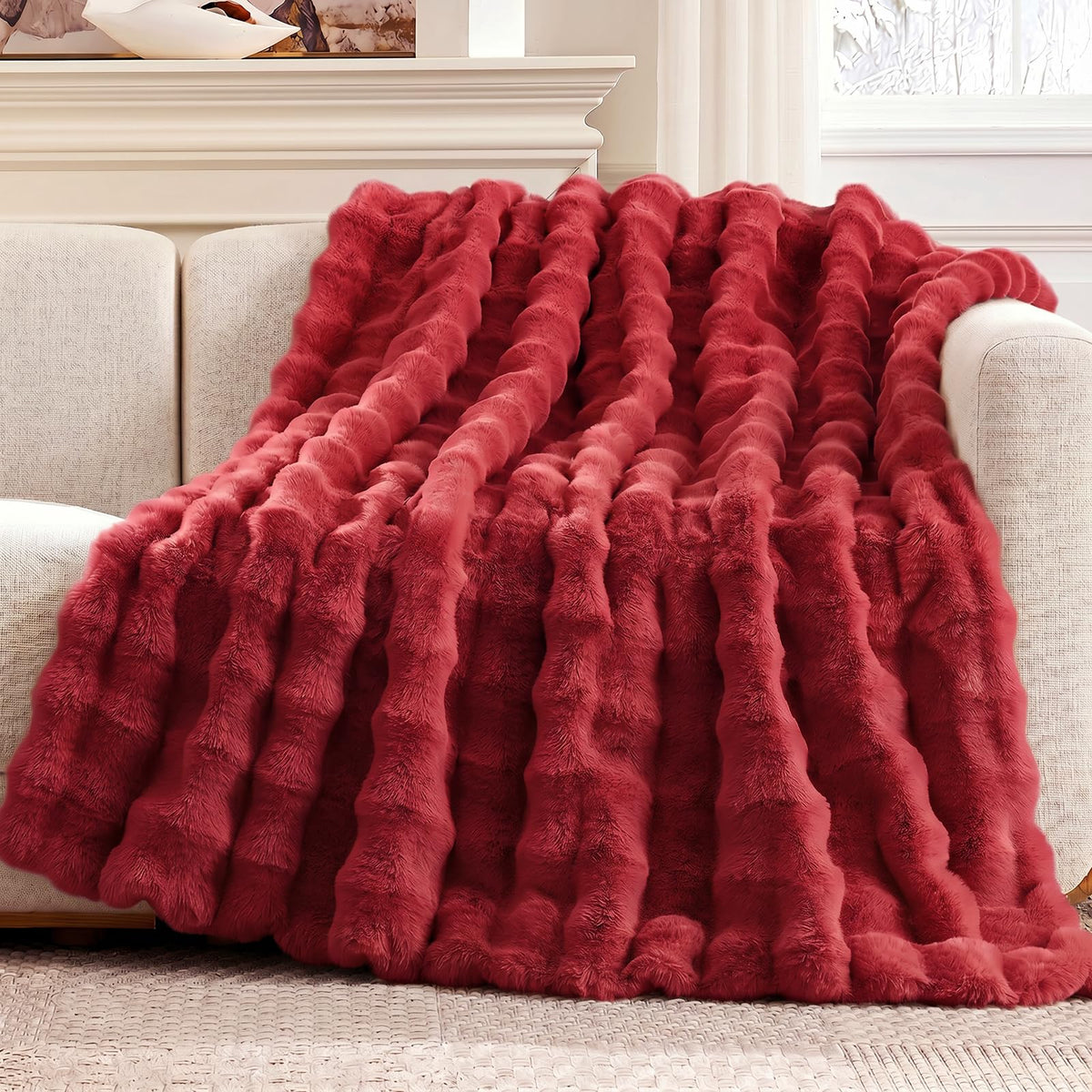Cozy Bliss Faux Fur Throw Blanket for Couch, Fuzzy Soft Plush Thick Bubble Blanket for Sofa Bedroom Living Room, 50 * 60 Inches Tie-dye Taupe