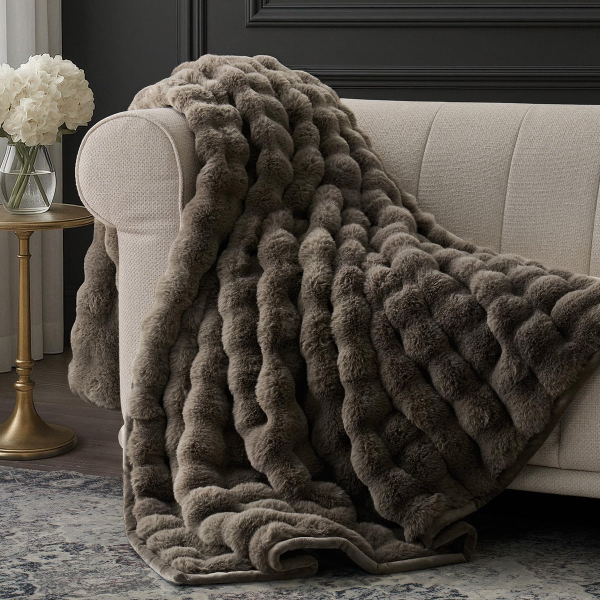 EverGrace Faux Rabbit Fur Bubble Throw Blanket, 60"x80", Ivory White