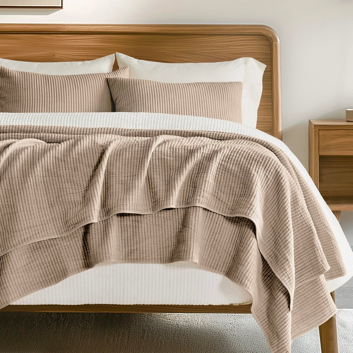 EVERGRACEHOME Cotton Ribbed Matelassé Coverlet Set, Queen Size, Ivory White