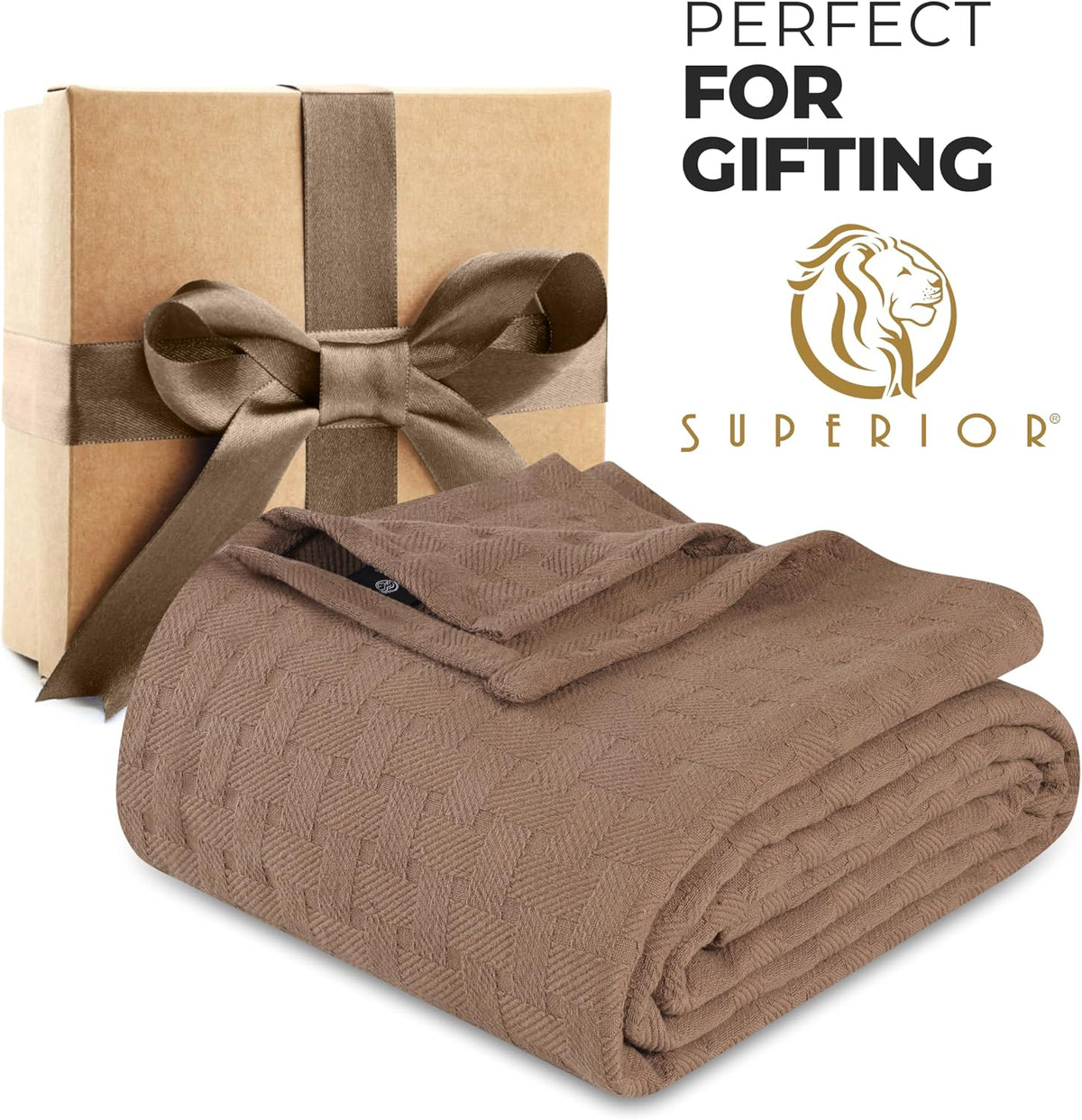 Superior Basketweave Cotton Blanket, Basket Weave Design, Soft, Comfy Cover for Bed, Bedding, Bedroom, Couch Throw, Lounging, Modern Boho Medium Weighted Blankets, Twin Size, Taupe