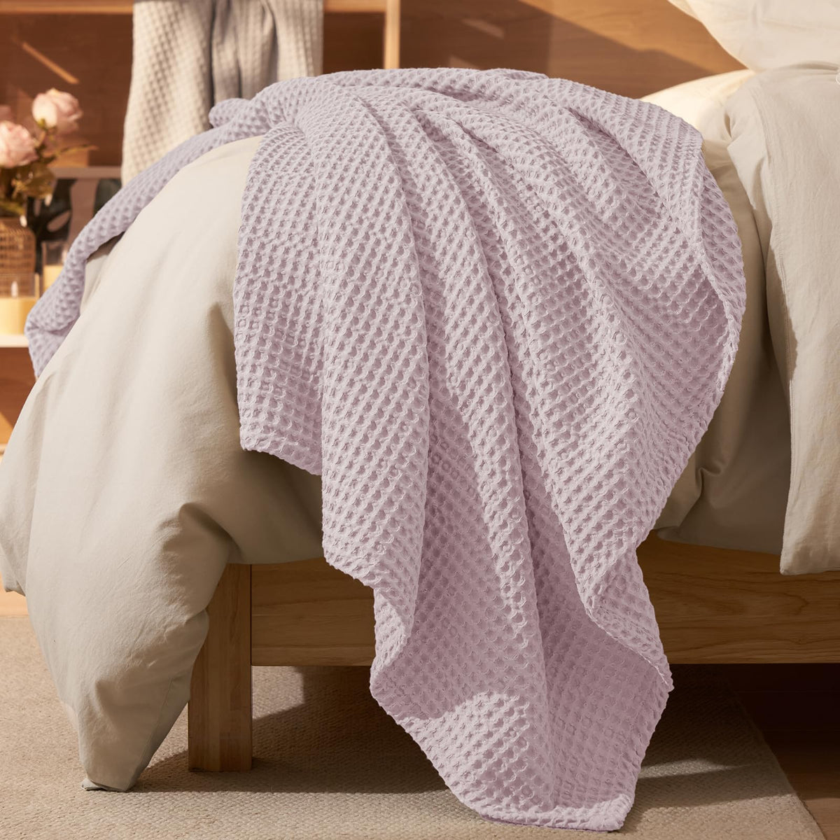 PHF Ultra Soft Waffle Weave Blanket for Bed, Queen Size, Light Khaki/Linen