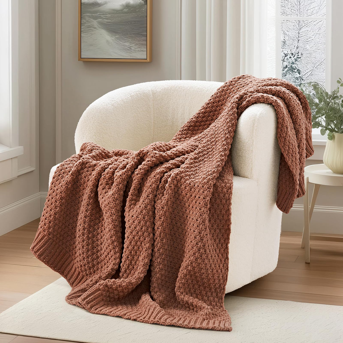 EVERGRACEHOME Chunky Chenille Knit Throw Blanket, 50 x 60, Olive Green