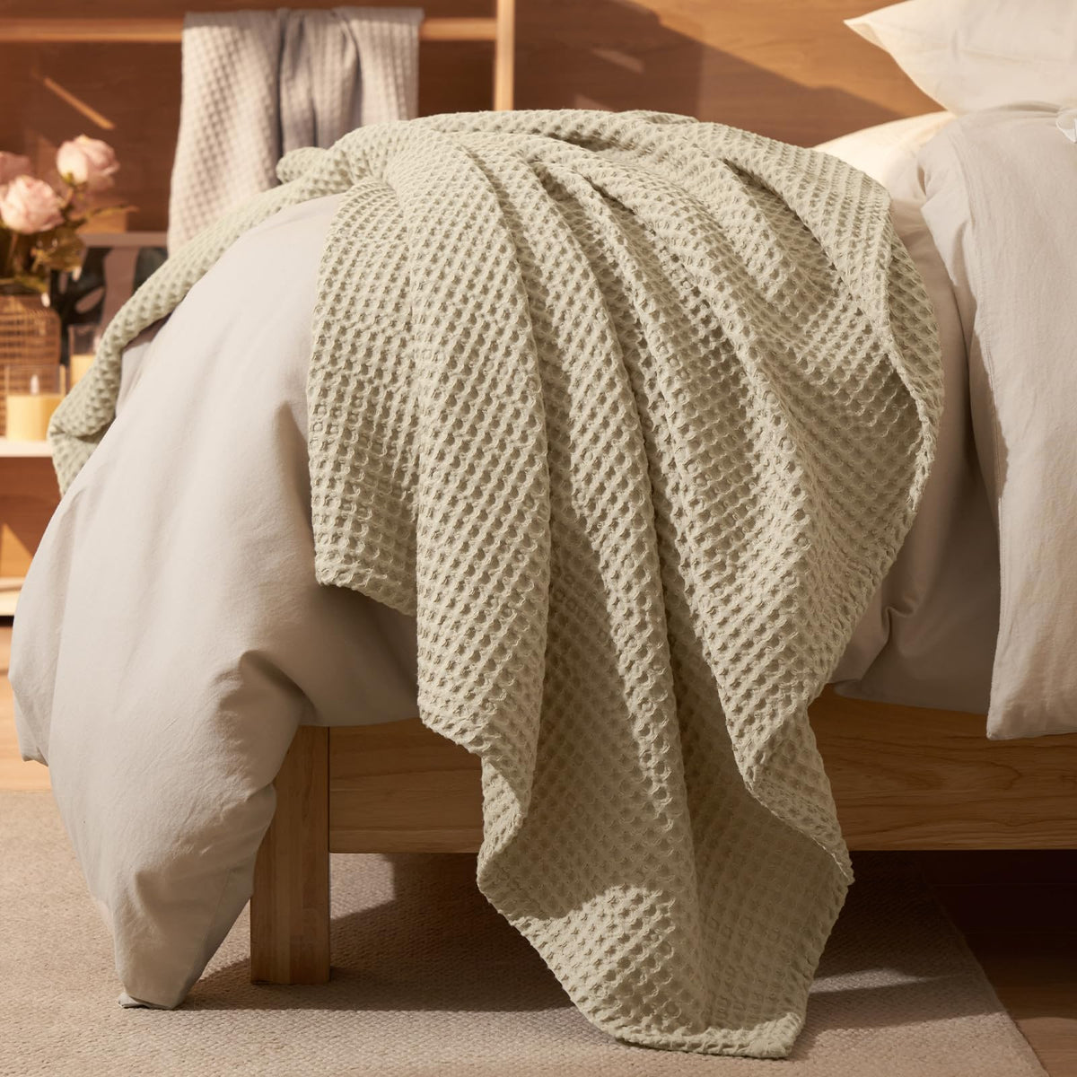 PHF Ultra Soft Waffle Weave Blanket for Bed, Queen Size, Light Khaki/Linen