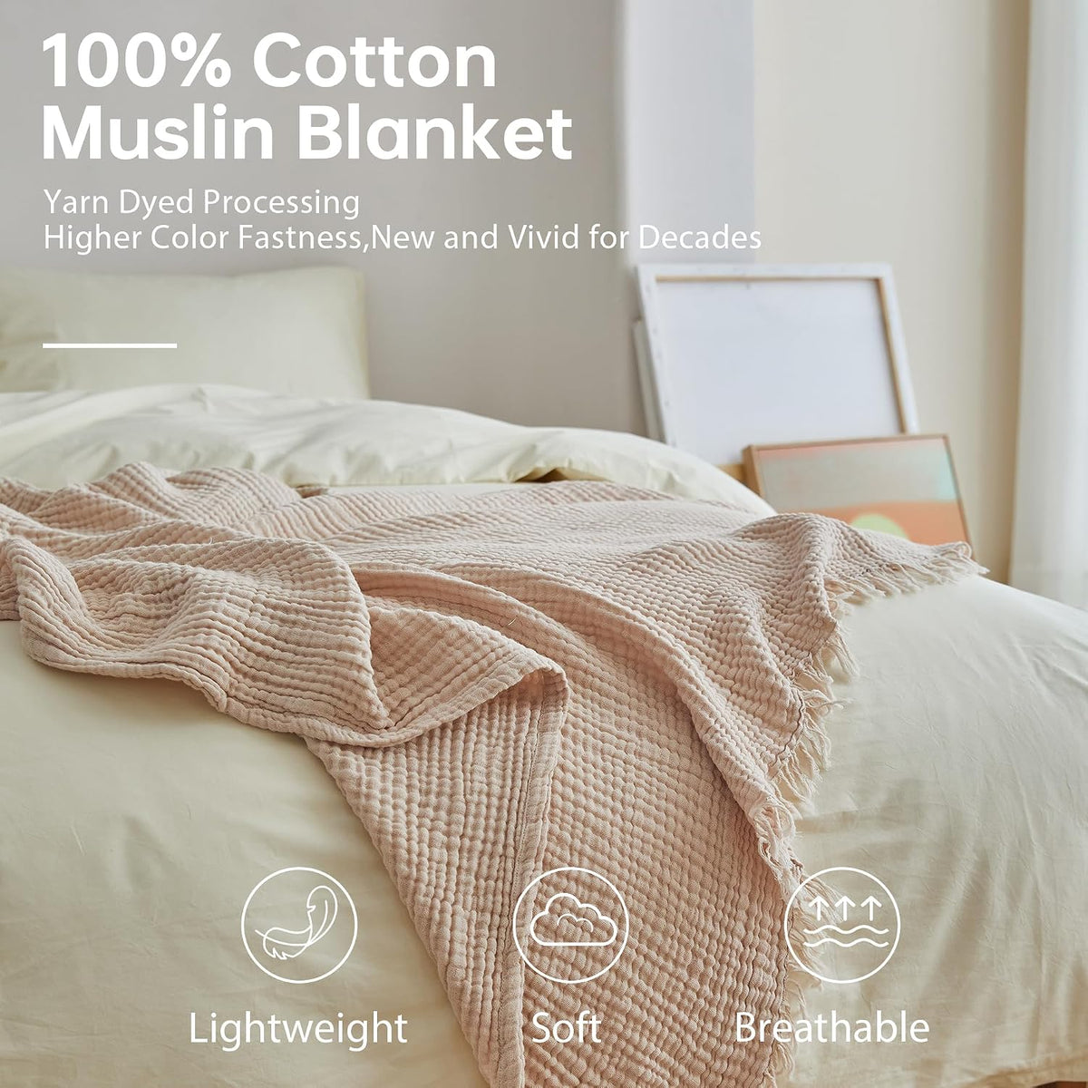 Simple&Opulence Cotton Muslin Throw Blanket 4 Layers for Bed, Couch, Woven Gauze Blanket with Tassels, Soft Lightweight Cozy Pre-Washed Breathable Farmhouse Decoration for All-Season(Light Khaki)