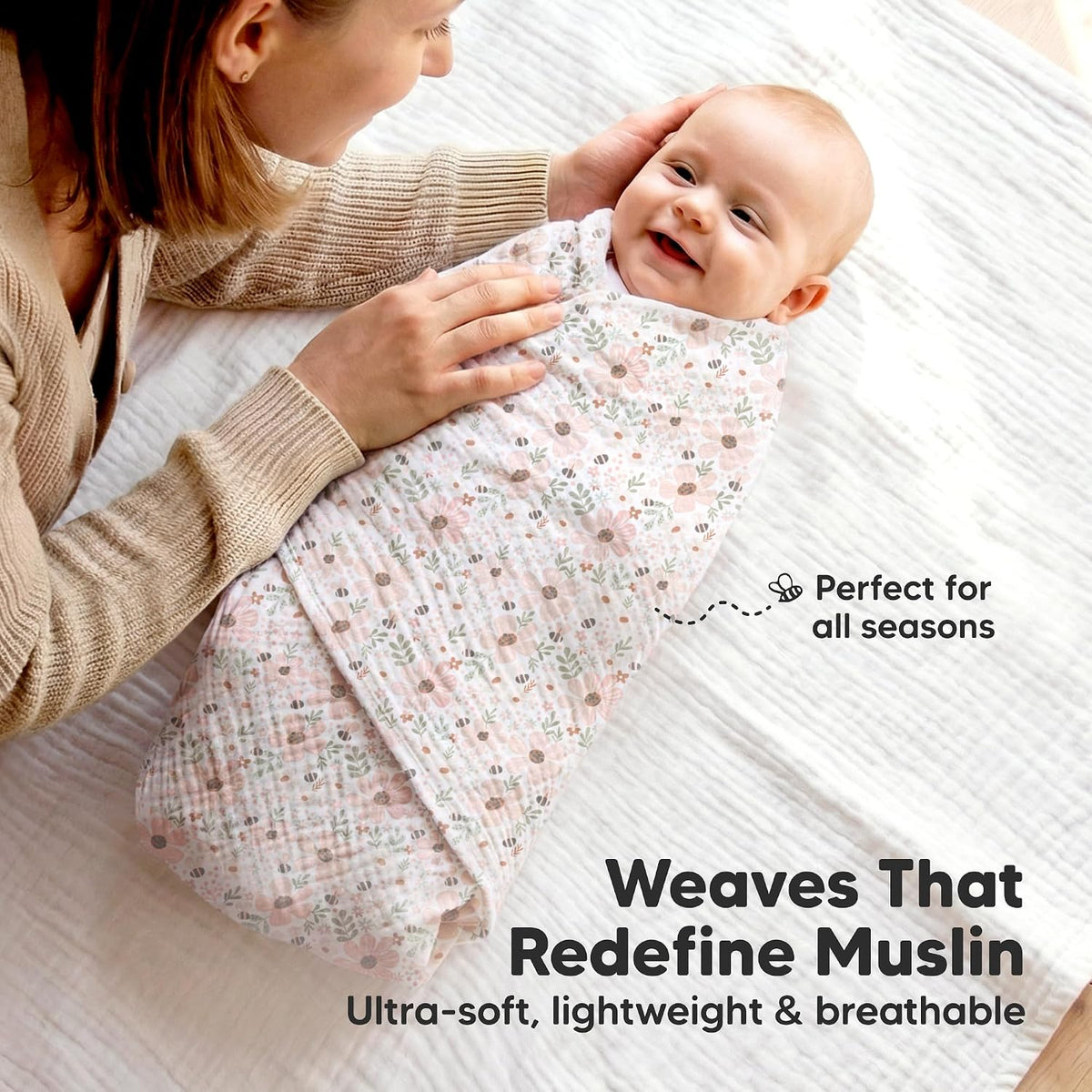 3pk Muslin Swaddle Blankets for Newborns Boys, Girls (Flora Vale, 47x47)