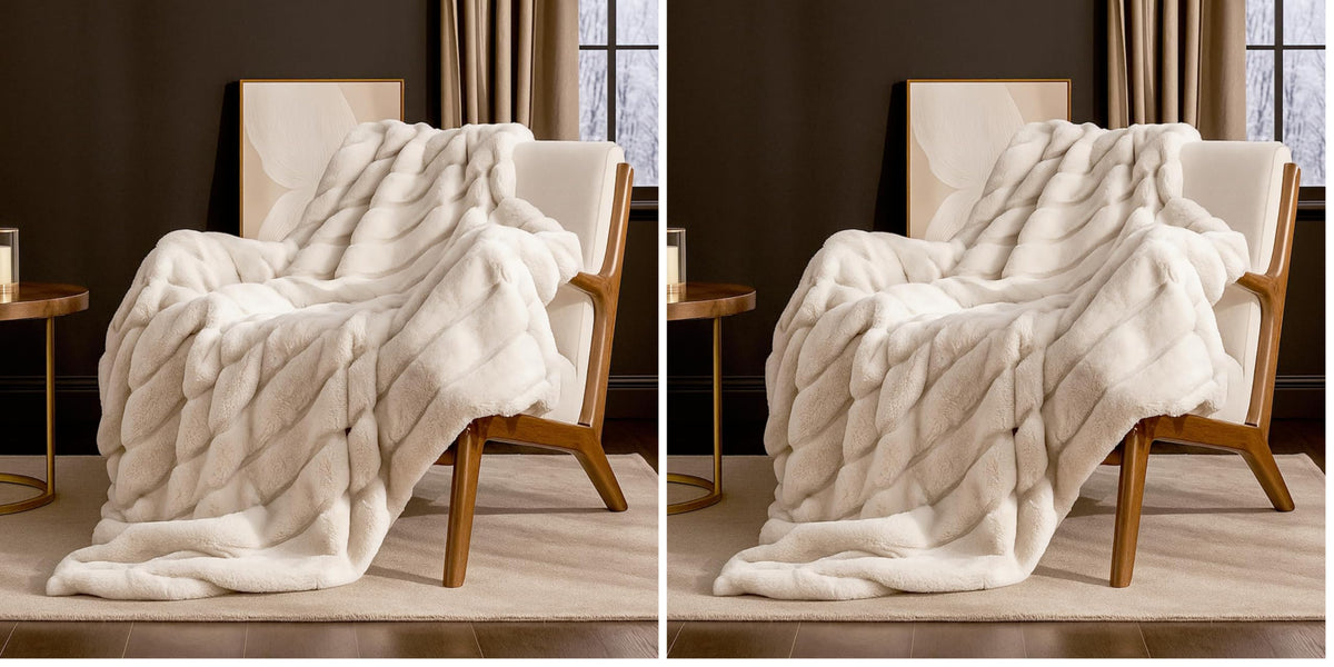 Cozy Bliss Deluxe Sheared Rabbit Faux Fur Throw Blanket, Soft Fuzzy High-Low Sculpted Plush Blanket for Couch, Cozy Home Accent, All Season Use, Beige 50"x60"