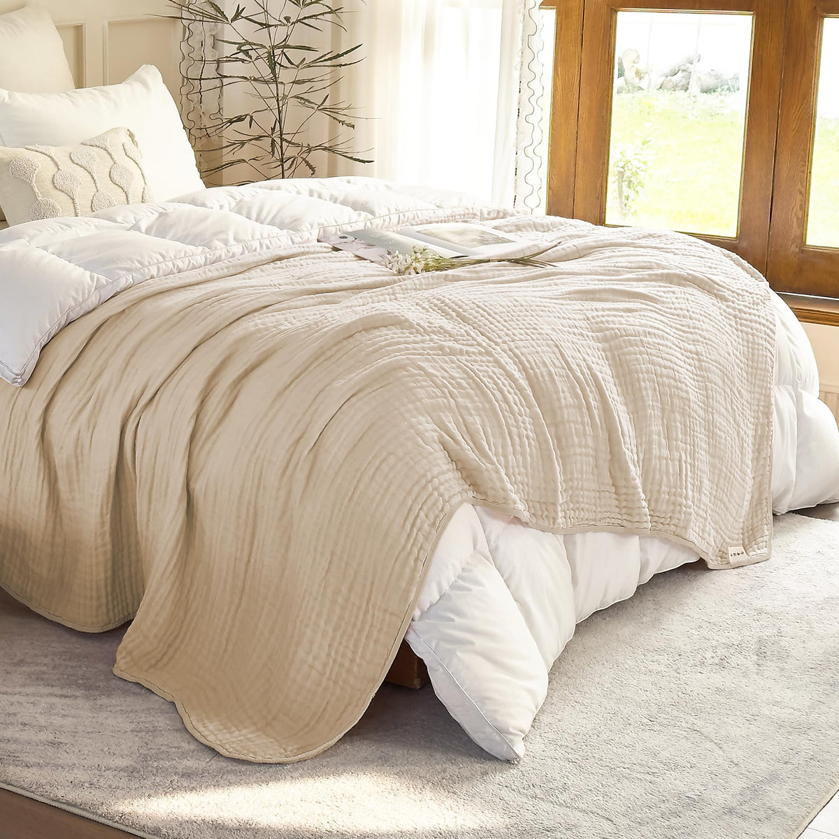SANACYNA Cotton Muslin Throw Blanket for Adults 6-Layer Gauze Checkerboard