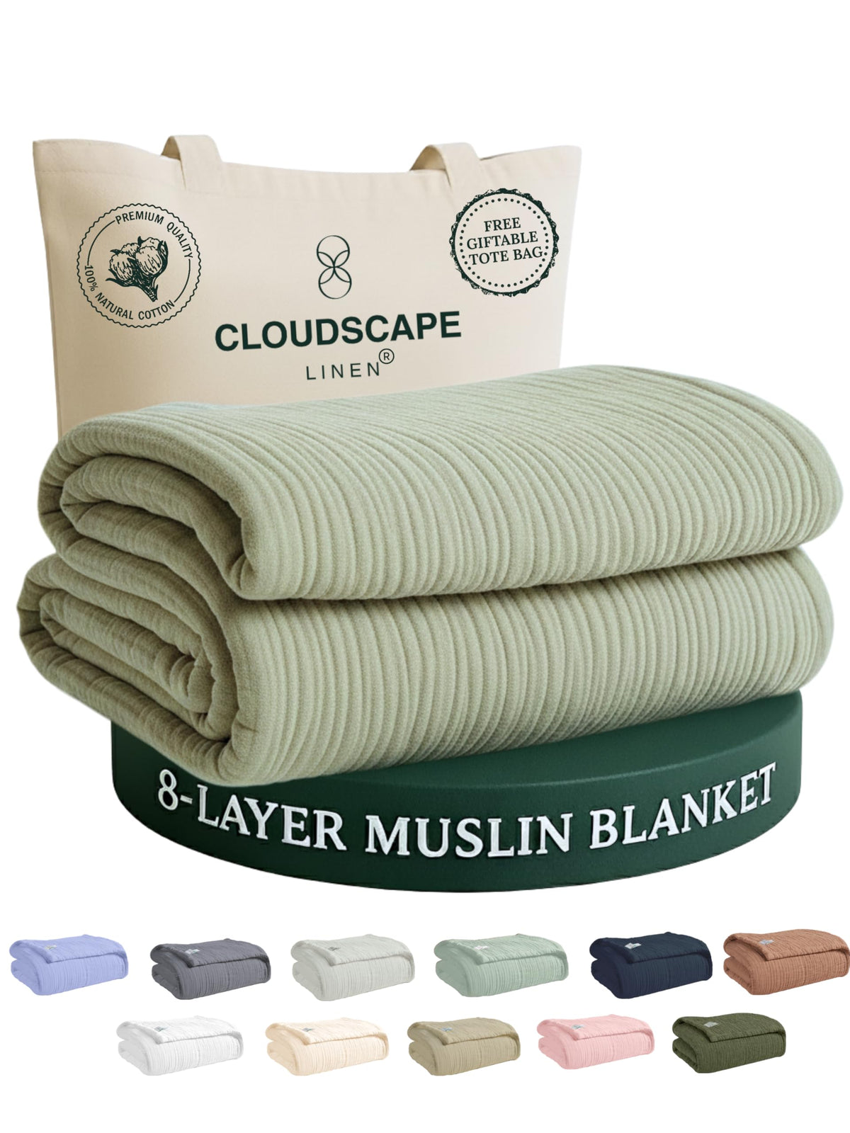 CLOUDSCAPE 8 Layer Muslin Blanket Queen Size, Gauze, Cotton 92"x92" - Ivory