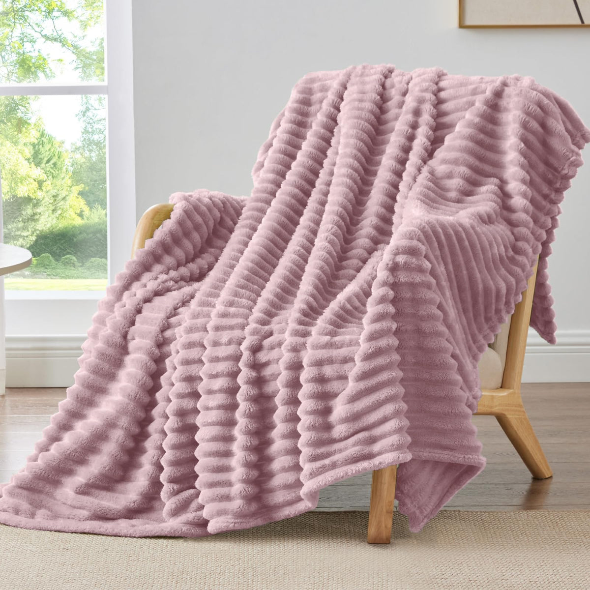 BEDELITE Ribbed Fleece Throw Blanket for Couch, Cream, 50"x60"