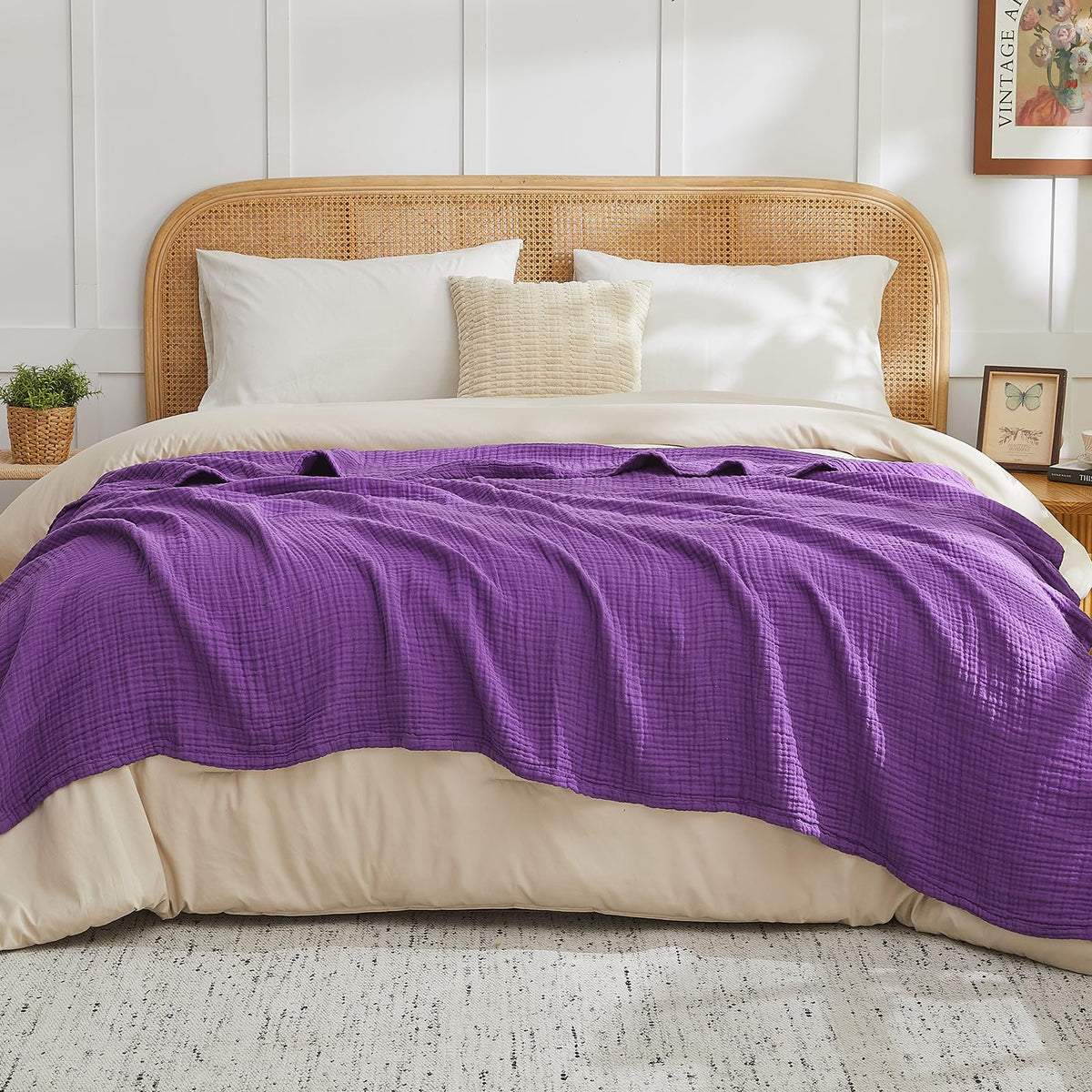 EMME Cotton Blanket King Size for Bed Soft Muslin Blankets 108"x90" Beige Lightweight Breathable Layering Bedspread Coverlet All Season Gauze