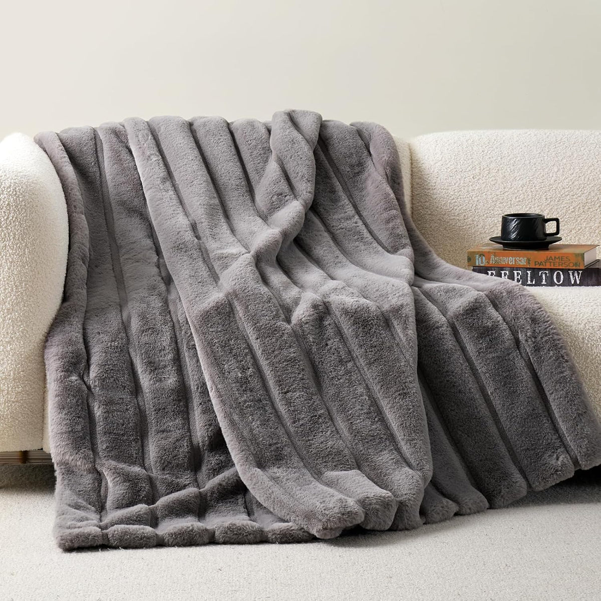 Cozy Bliss Deluxe Sheared Rabbit Faux Fur Throw Blanket, Soft Fuzzy High-Low Sculpted Plush Blanket for Couch, Cozy Home Accent, All Season Use, Grey 50"x60"