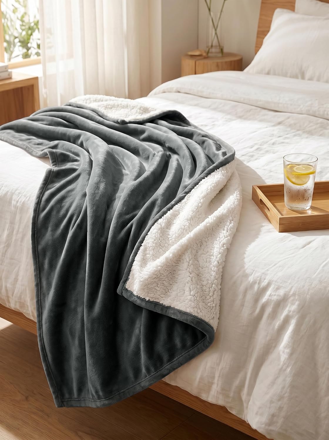 Utopia Bedding Reversible Plush Sherpa Blanket Queen Size Grey, 90x90 Inch