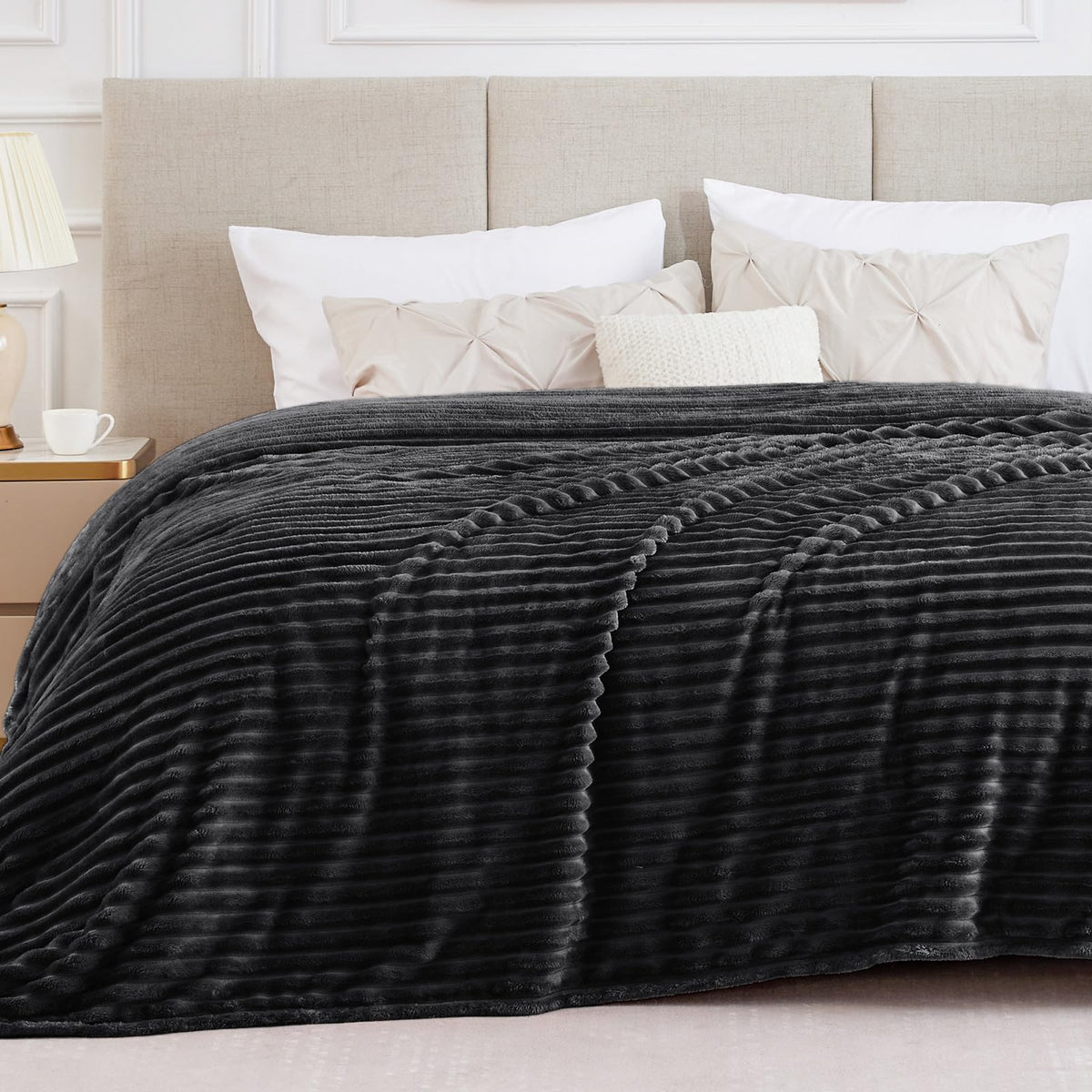 BEDELITE Ribbed Fleece Throw Blanket for Couch, Cream, 50"x60"