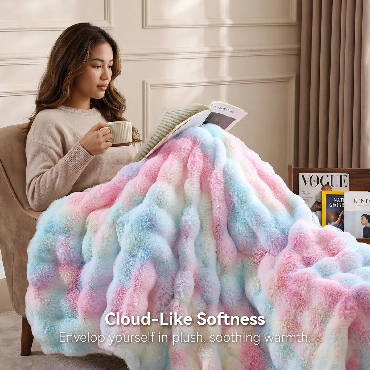 Smoofy Faux Rabbit Fur Throw for Couch - Rainbow Bubble Blanket 50"x60"