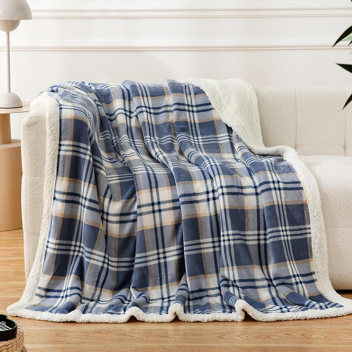 PU MEI Sherpa Fleece Throw Blanket 60" x 80" Reversible Plush Fluffy Large Big Blanket Lattice Flannel Blankets for Sofa Couch Bed (Grey-Soft Blue, 60"*80")