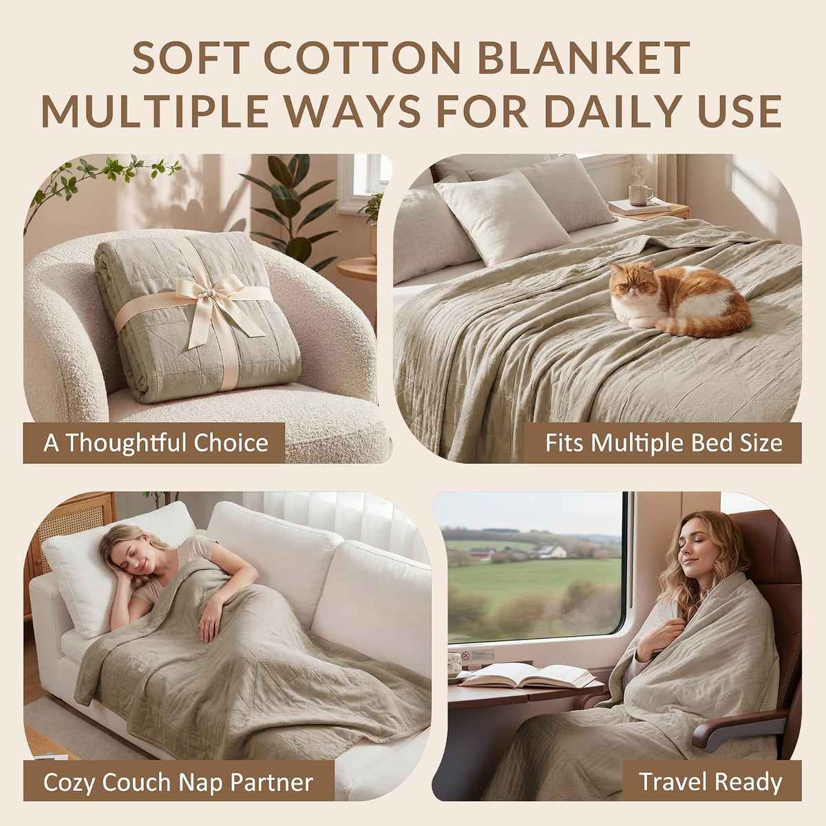 Exclusivo Mezcla 4-Layer 100% Cotton Muslin Queen Size Blanket, Khaki