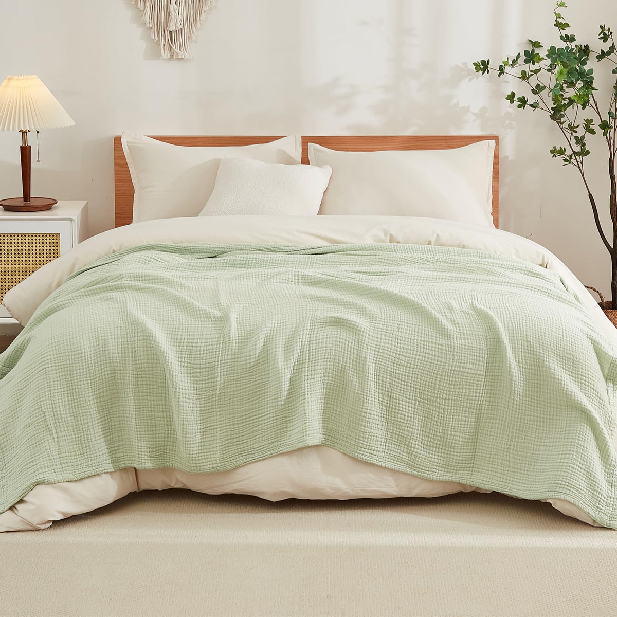 EMME Cotton Blanket King Size for Bed Soft Muslin Blankets 108"x90" Beige Lightweight Breathable Layering Bedspread Coverlet All Season Gauze