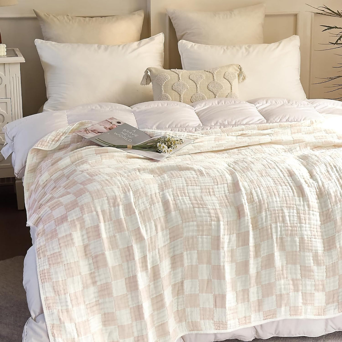 SANACYNA Cotton Muslin Throw Blanket for Adults 6-Layer Gauze Checkerboard
