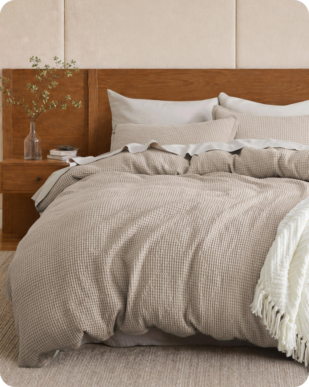 Bedsure PureWoven 3 Pieces 100% Cotton Waffle Duvet Cover Set, Queen, Linen