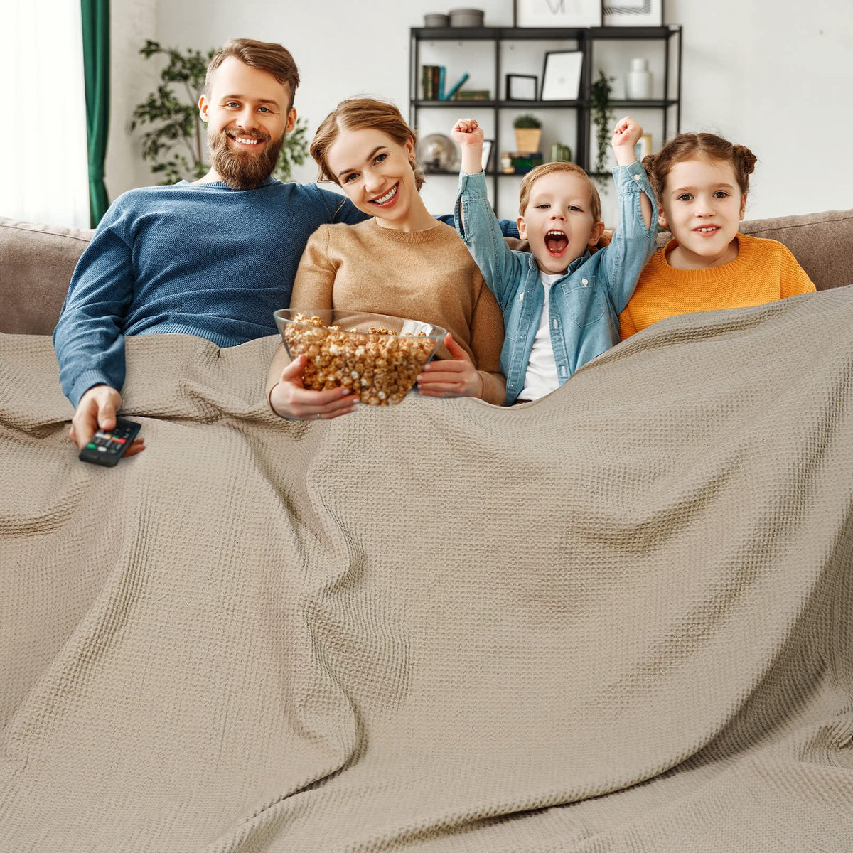 PHF 100% Cotton Waffle Blanket Lightweight Breathable, Queen Linen/Stone