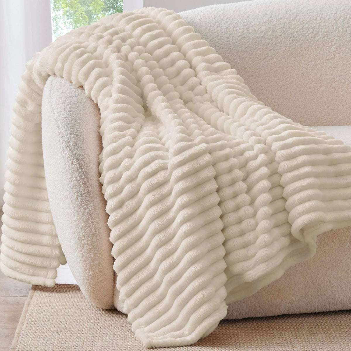 BEDELITE Ribbed Fleece Throw Blanket for Couch, Cream, 50"x60"