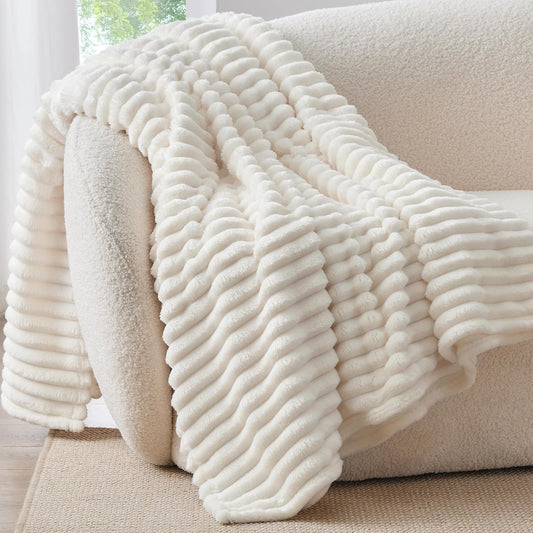 BEDELITE Ribbed Fleece Throw Blanket for Couch, Cream, 50"x60"