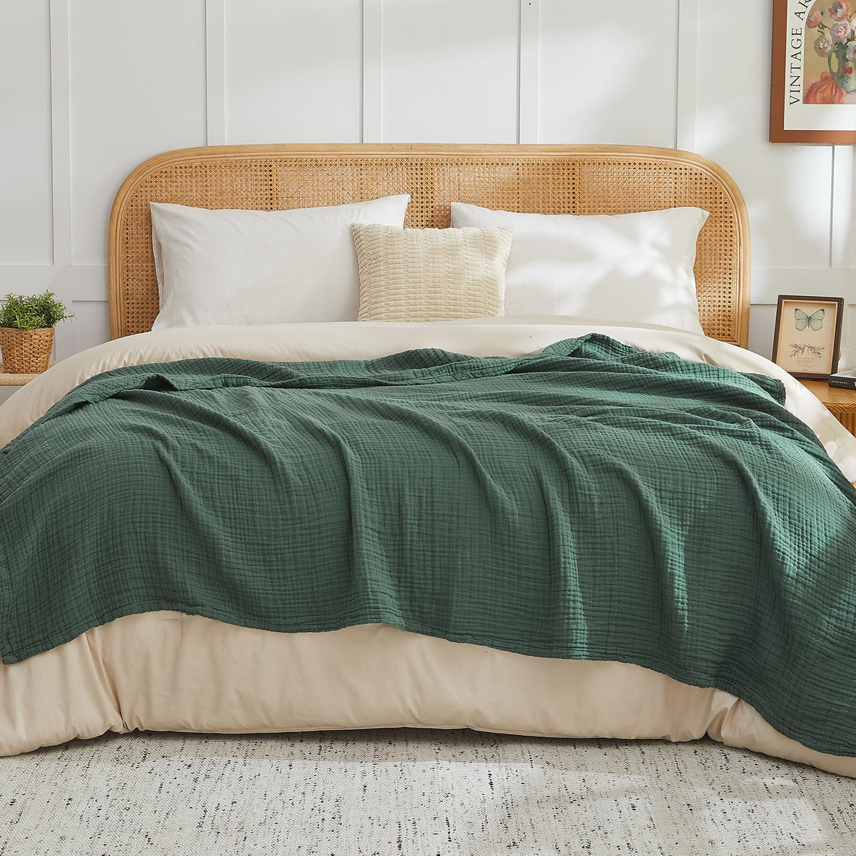 EMME Cotton Blanket King Size for Bed Soft Muslin Blankets 108"x90" Beige Lightweight Breathable Layering Bedspread Coverlet All Season Gauze
