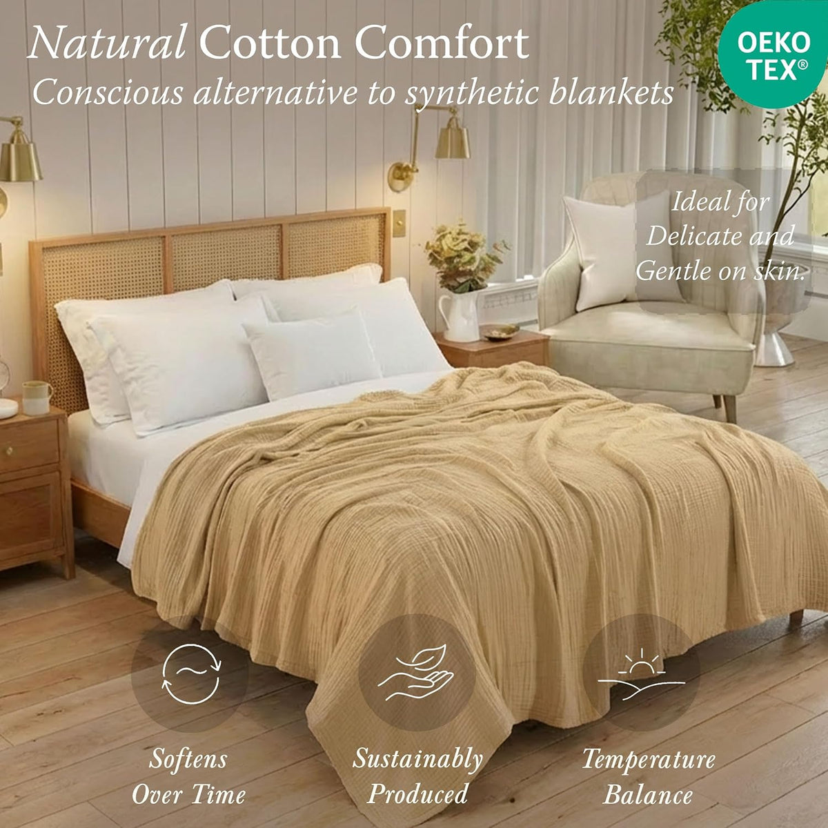 Threadmill Cotton King Blanket, Muslin, Beige, 100% Cotton Gauze Weave