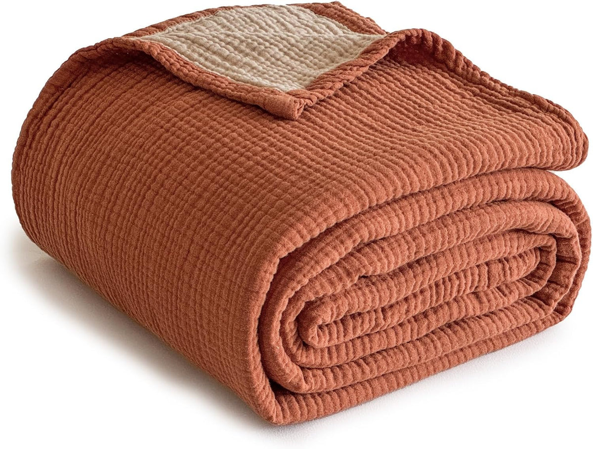 Simple&Opulence 100% Cotton Muslin Blanket, Lightweight Breathable 4 Layering Soft Cotton Throw Blanket,Gauze Blanket for Bed Couch Camping All-Season Use (Rust Orange, 50"x60")