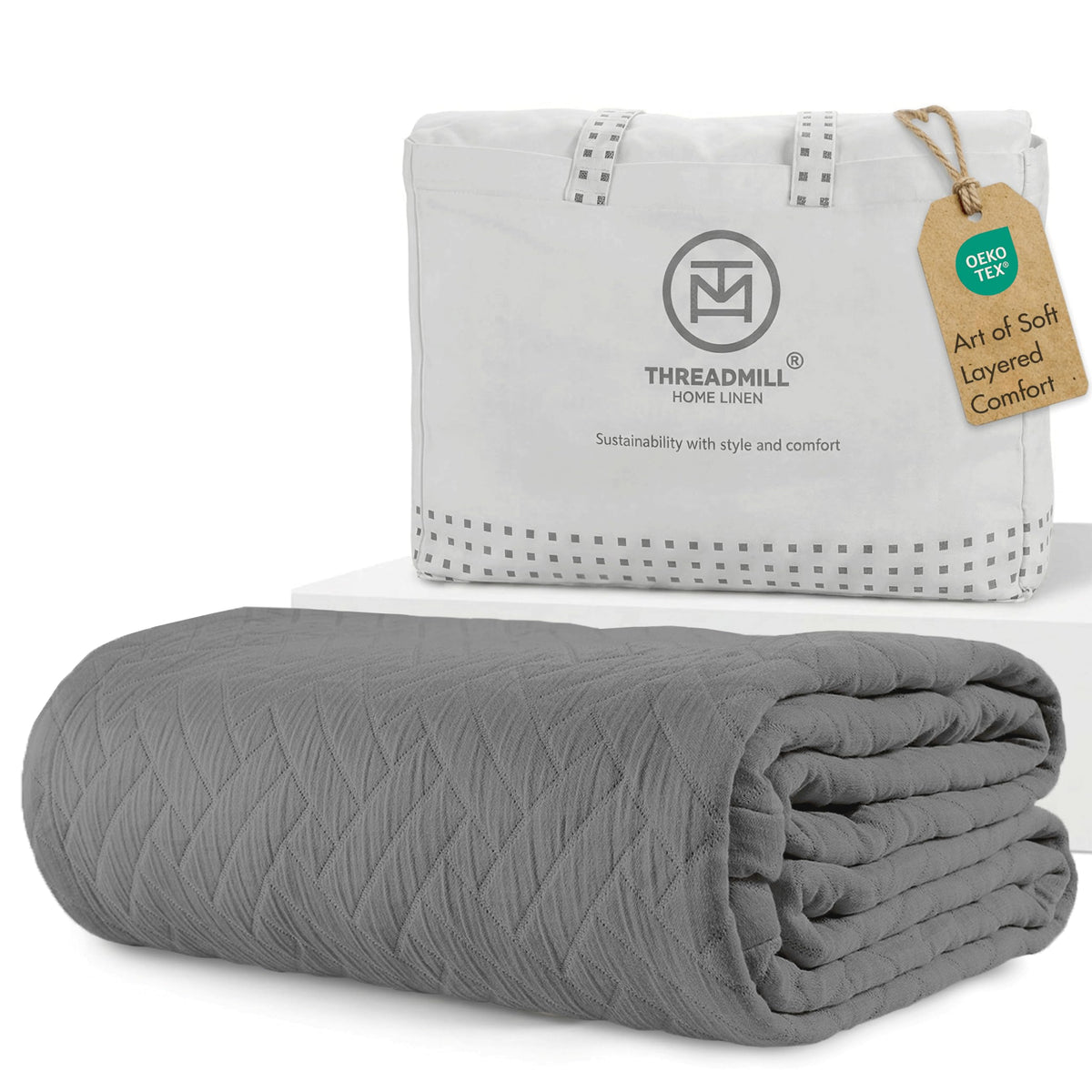 Threadmill Luxury Cotton Blankets for King Size Bed | All-Season Cozy 100% Cotton Blanket | Aster Jacquard Soft & Lightweight Coverlet fits California King Size Bed, 104x92 | Scottish Grey