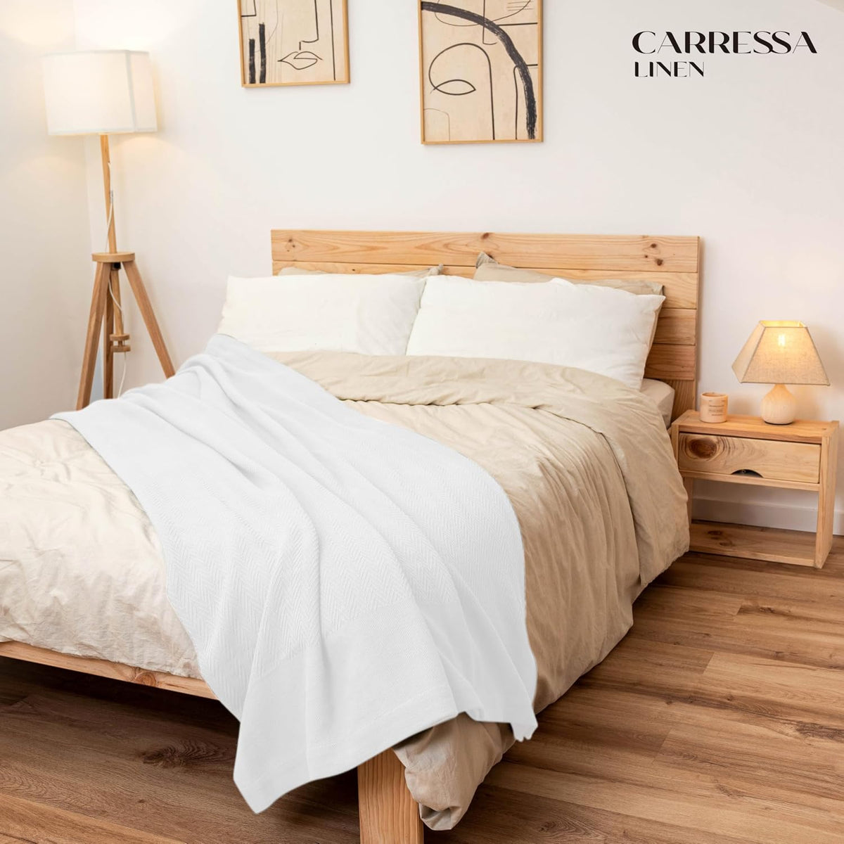 Carressa Linen Luxury Organic Cotton Blankets King Size | 100% Cotton King Size Blanket GOTS Certified (White) | Breathable, Lightweight, Soft & Cozy Herringbone Bed Throw Blanket for All Seasons