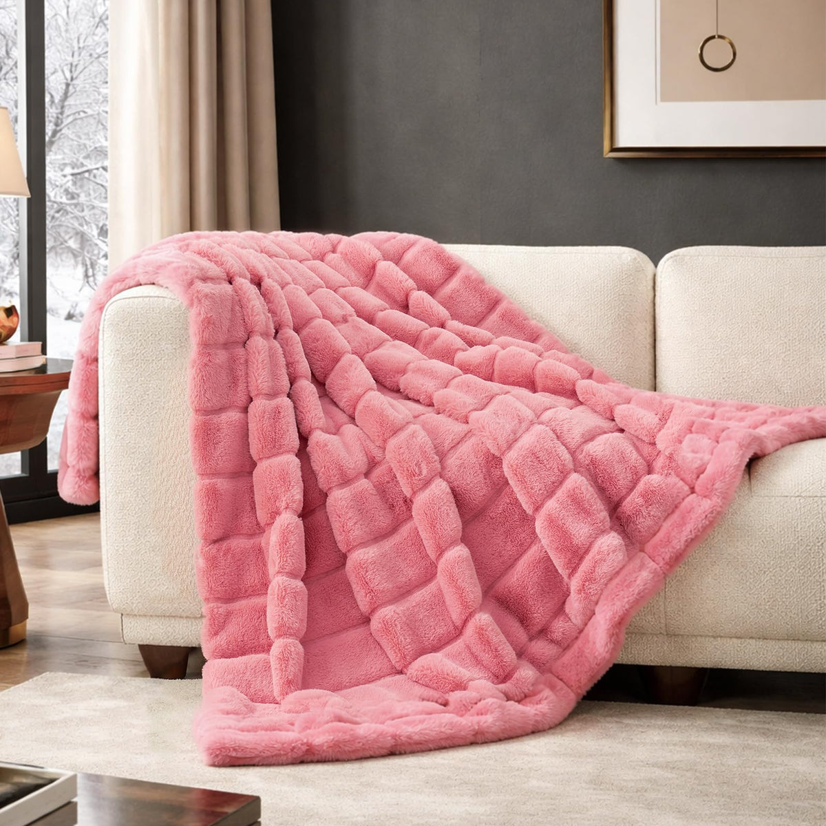 Cozy Bliss Deluxe Sheared Rabbit Faux Fur Throw Blanket, Soft Fuzzy High-Low Sculpted Plush Blanket for Couch, Cozy Home Accent, All Season Use, Beige 50"x60"