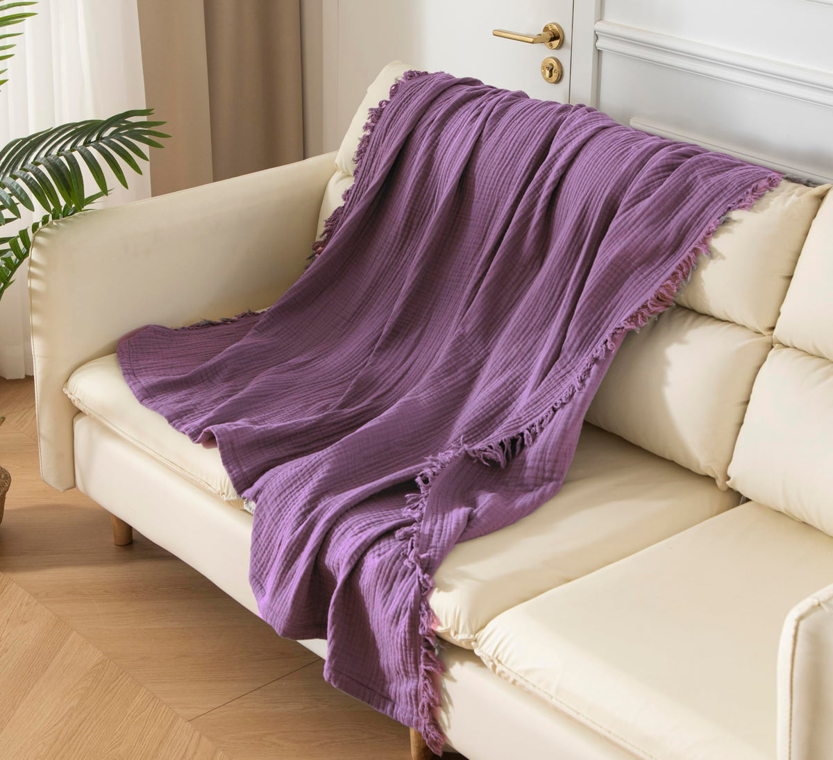 KyraHome 100% Organic Cotton Muslin Throw Blanket, 50"x60", Oatmeal Khaki